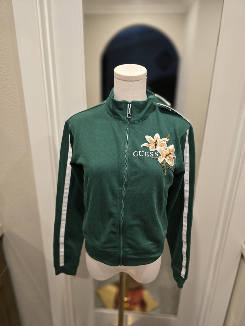 GUESS Dark Green Bomber Jacket with Floral Embroidery